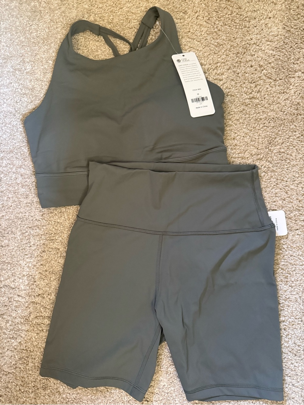 CRZ yoga Strappy back Bra & High-Waist Bike Shorts Set-Grey Sage - Picture 2 of 2